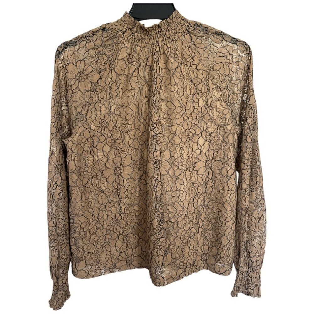 Nude Black Neutral Lace Blouse Beige Feminine Long Sleeve Floral Pattern Size L